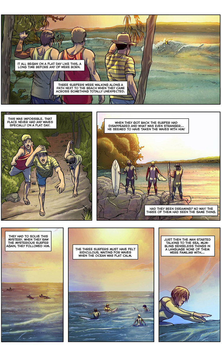 The Wave Conjurer (Page 2): a surf comic by Maxi González, Juan Martínez Alarcón, and Carlos Rios