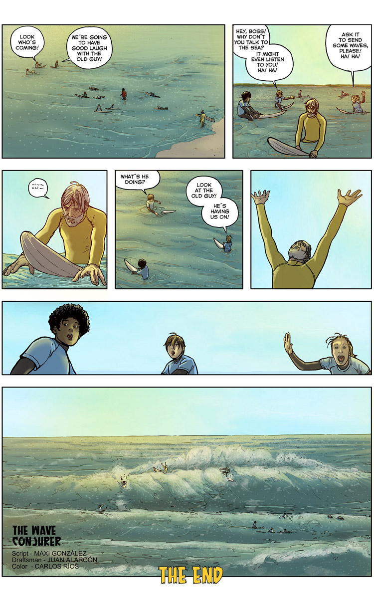 The Wave Conjurer (Page 6): a surf comic by Maxi González, Juan Martínez Alarcón, and Carlos Rios