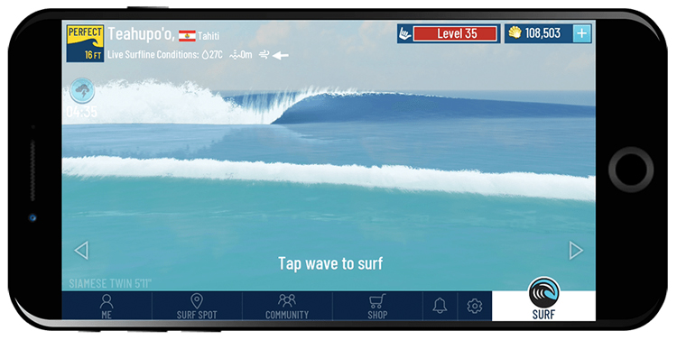 True Surf: the mobile game imports swell height and direction, wind speed and direction, tide times, and water temperatures from Surfline
