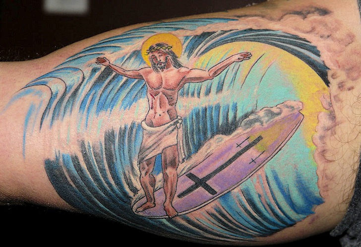 Surf tattoos: Jesus loved hanging ten on his favorite surfboard