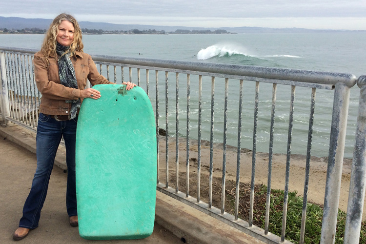 Wendy Vogelgesang: standing with her 1972 Morey Boogie at Steamer Lane | Photo: Laura Hardwick