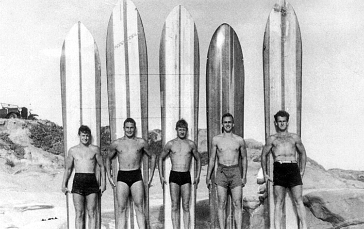 Towny Cromwell, Buddy Hull, Woody Ekstrom, Bill Isenhouer, and Andy Forshaw (left to right): the creators, alongside Walter Roach, of the Windansea Surf Shack | Photo: Walter Roach