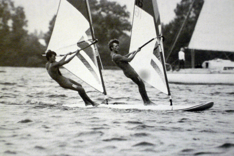 Windglider: Stephan van den Berg (left) won the gold medal at the 1984 Olympics
